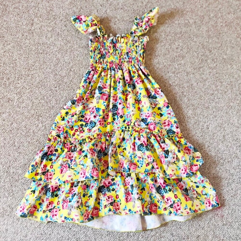 Lilli Lovebird Yellow Rose Flared Layered Floral Cotton Dress Girls 10